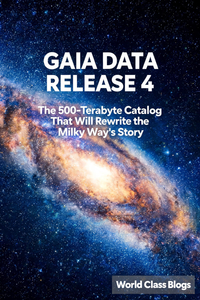 Infographic comparing Gaia DR4's 500 TB data volume to previous releases, showing the fifty-fold increase over DR3