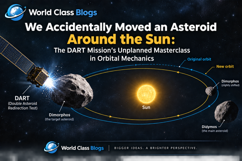 Illustration of NASA's DART spacecraft impact on asteroid Dimorphos, showing debris plume ejecting into space.