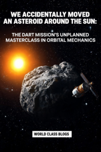 Illustration of NASA's DART spacecraft impact on asteroid Dimorphos, showing debris plume ejecting into space.