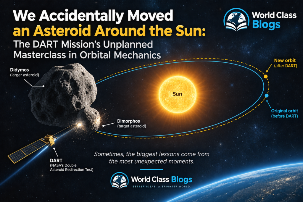 Illustration of NASA's DART spacecraft impact on asteroid Dimorphos, showing debris plume ejecting into space.