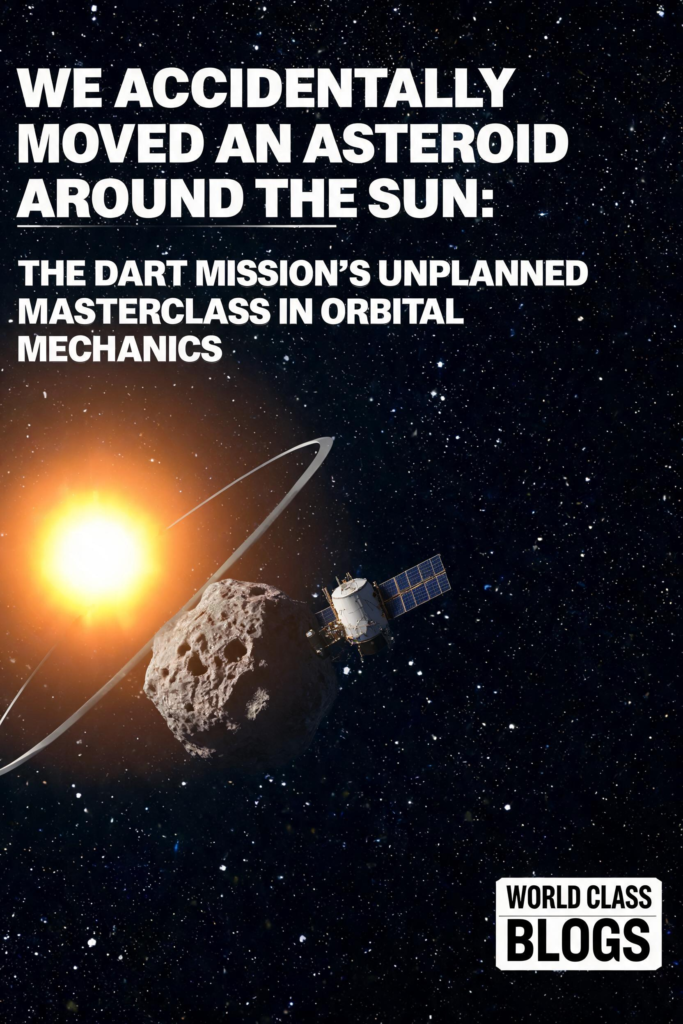 Illustration of NASA's DART spacecraft impact on asteroid Dimorphos, showing debris plume ejecting into space.