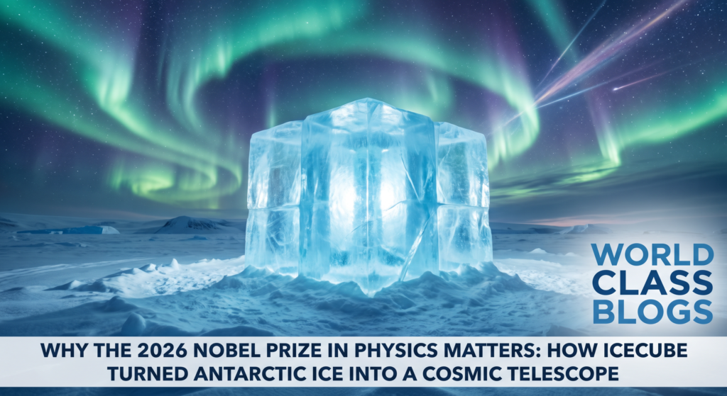 Illustration of an IceCube string of digital optical modules being lowered into a hot-water-drilled hole in Antarctic ice.