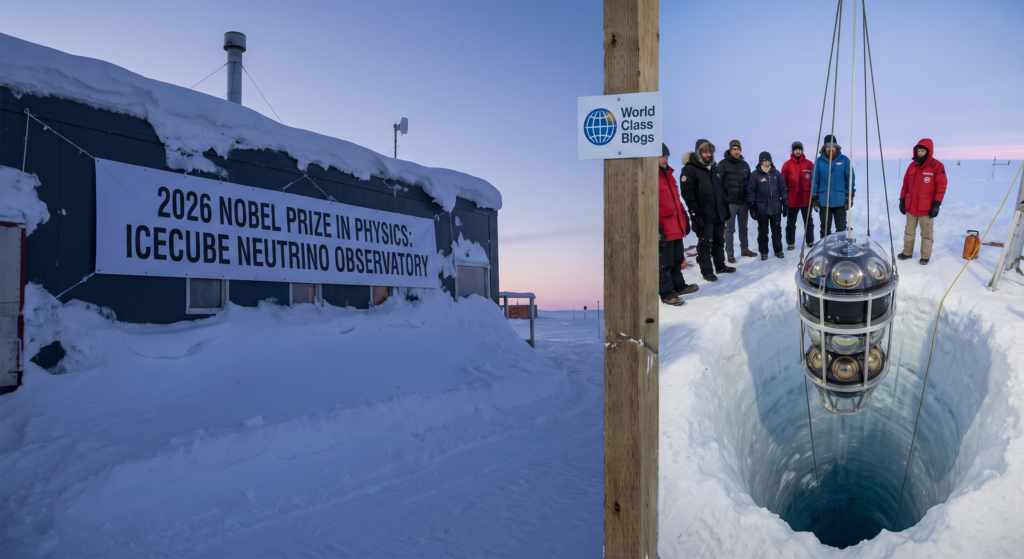 Illustration of an IceCube string of digital optical modules being lowered into a hot-water-drilled hole in Antarctic ice.