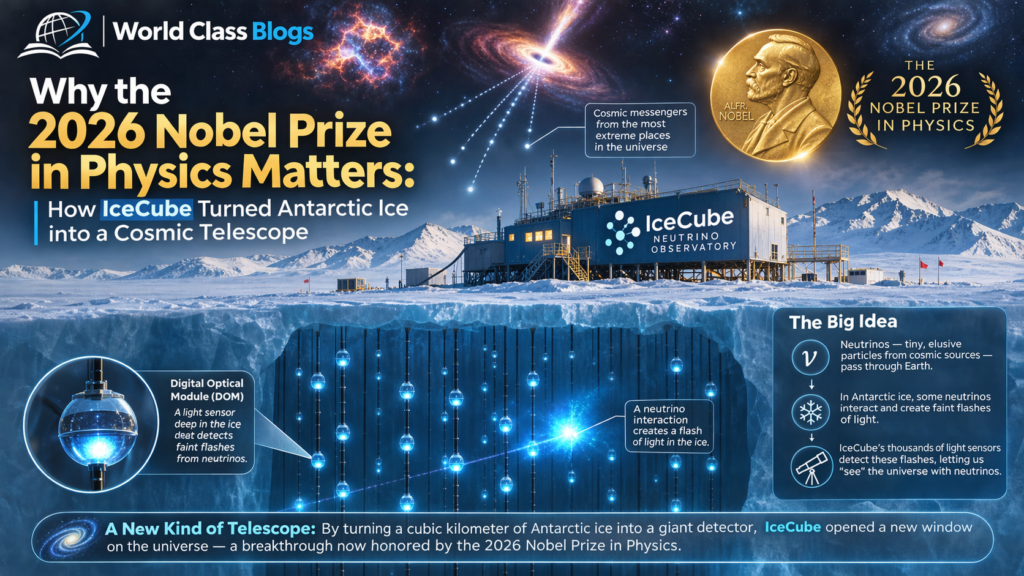 Illustration of an IceCube string of digital optical modules being lowered into a hot-water-drilled hole in Antarctic ice.