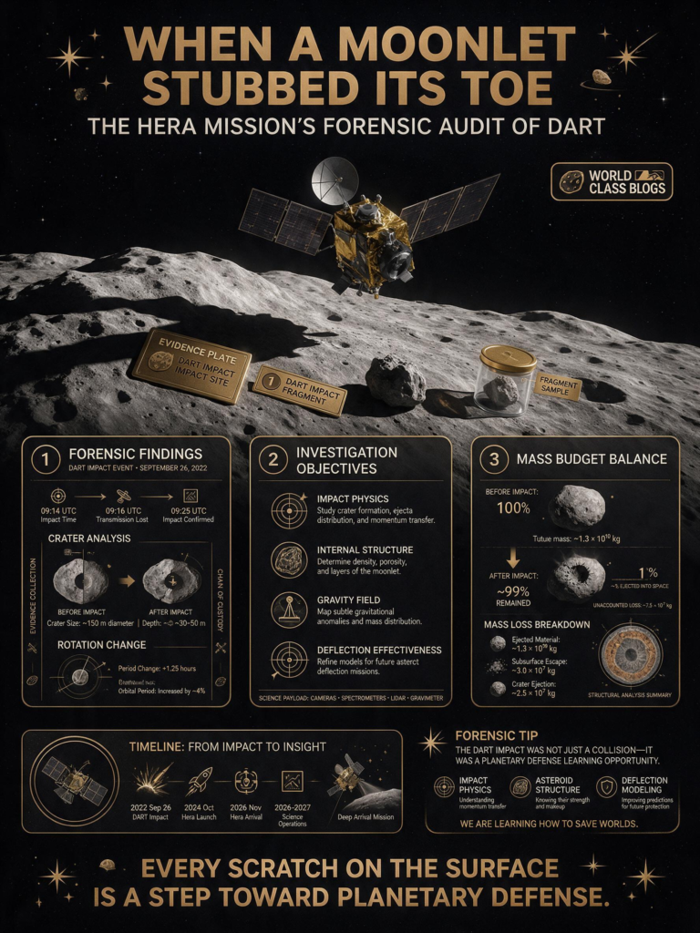 Illustration of the crater left by NASA’s DART spacecraft on asteroid Dimorphos, with ESA’s Hera spacecraft surveying from orbit.