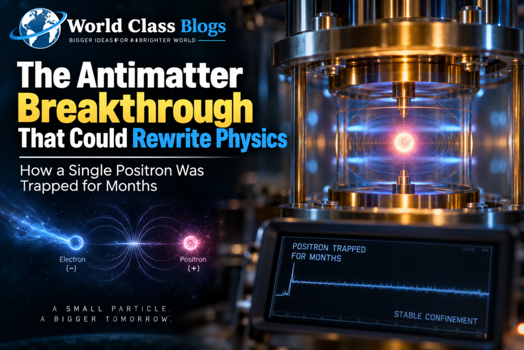 Illustration of a single positron suspended in a vacuum chamber by electric and magnetic fields, with no physical contact with matter.